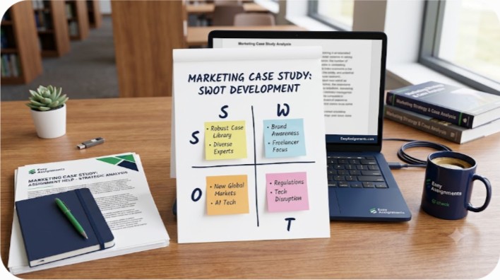 Student building a four-quadrant SWOT analysis matrix for a marketing case study assignment