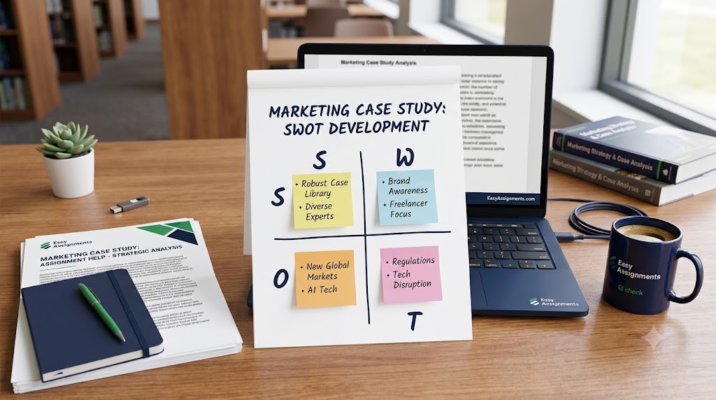 Marketing student connecting SWOT findings to strategic recommendations in a case study report