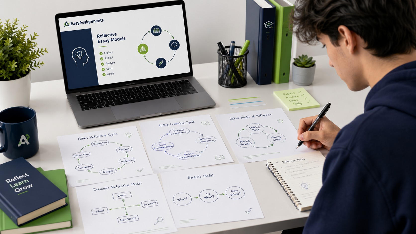 Student comparing reflective models with notes and diagrams at a study desk