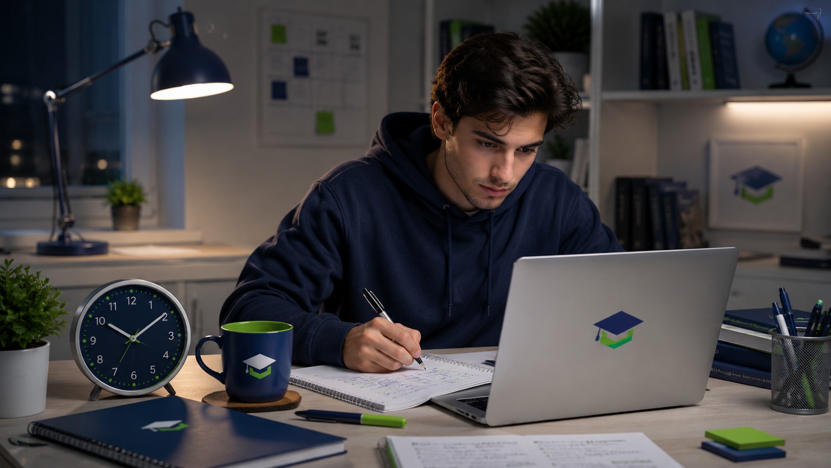 College student working on an urgent assignment at a laptop with a clock nearby, illustrating cheap last minute assignment help