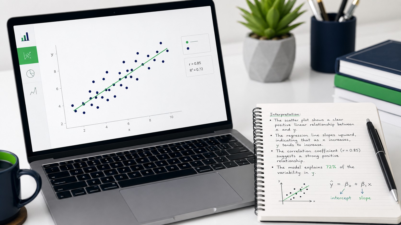 Close up of a laptop screen showing a scatter plot with a regression line during statistics analysis