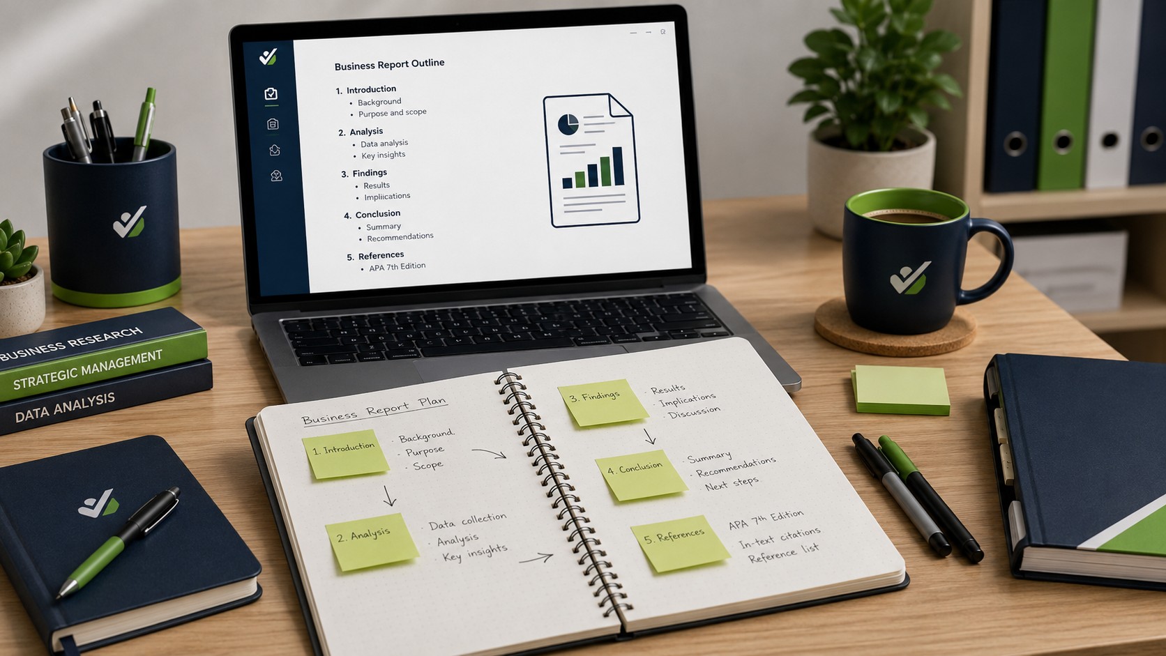Student planning a business report assignment with a structured outline and APA reference notes on a desk