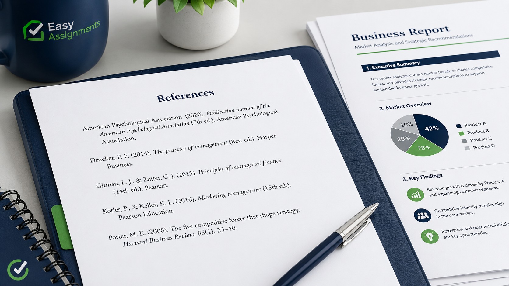 Close-up of an APA formatted reference list with hanging indents on a business report document