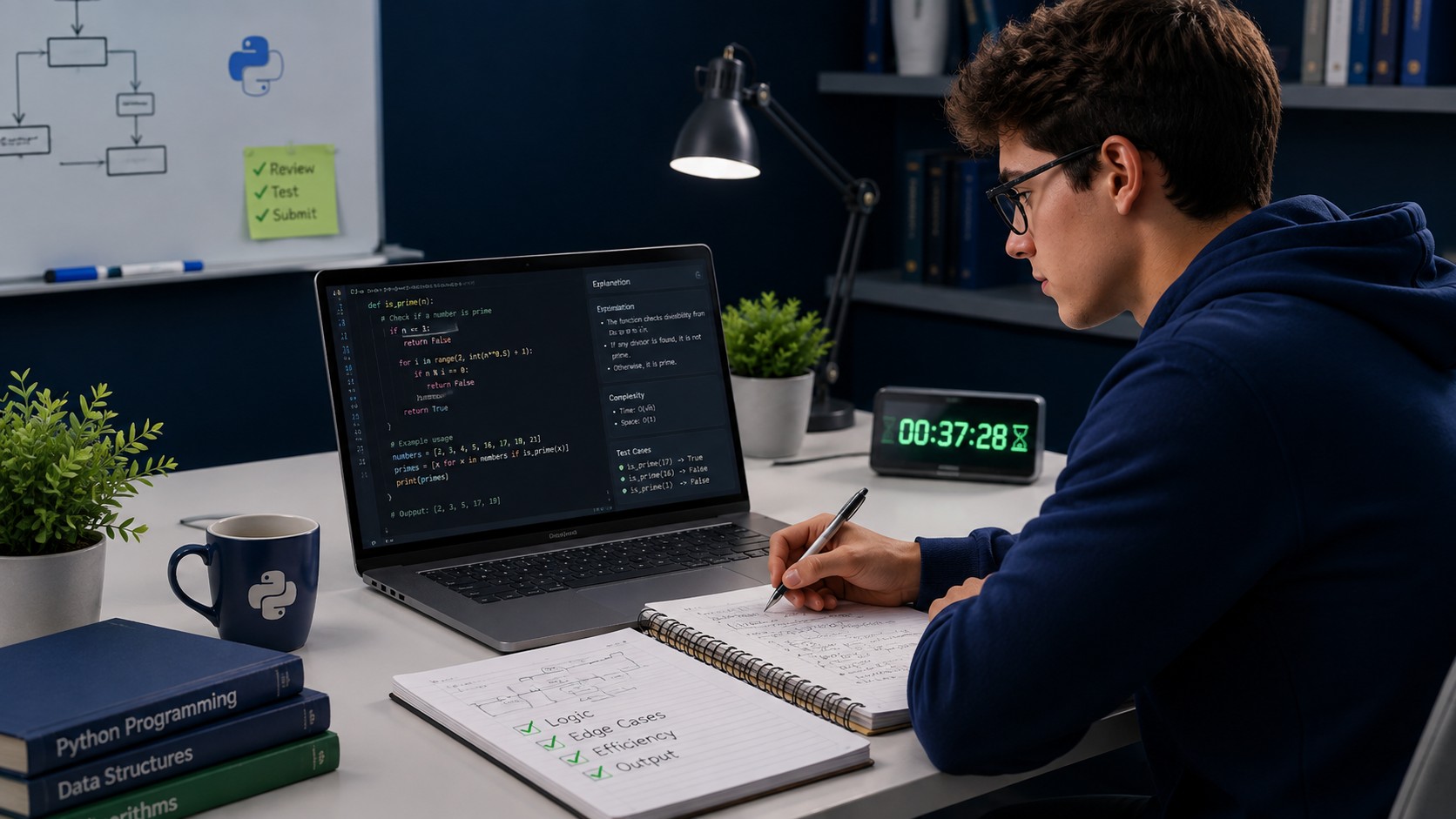 Student reviewing a completed and explained Python assignment solution before a deadline