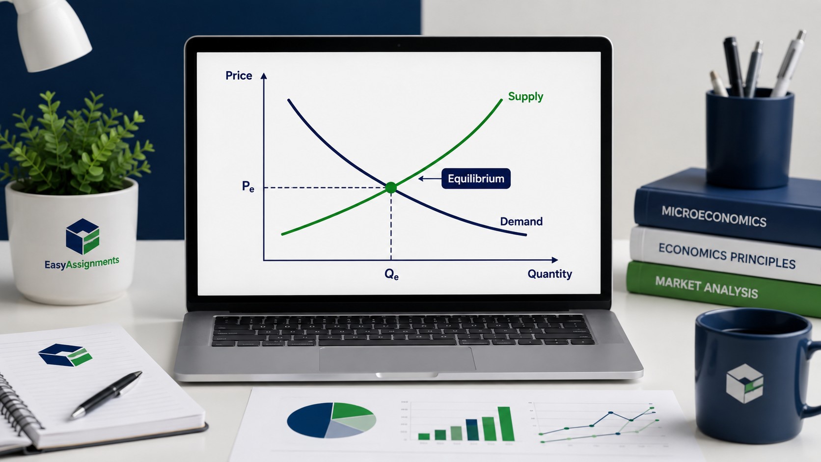 Labelled supply and demand diagram showing equilibrium price and quantity for an economics assignment