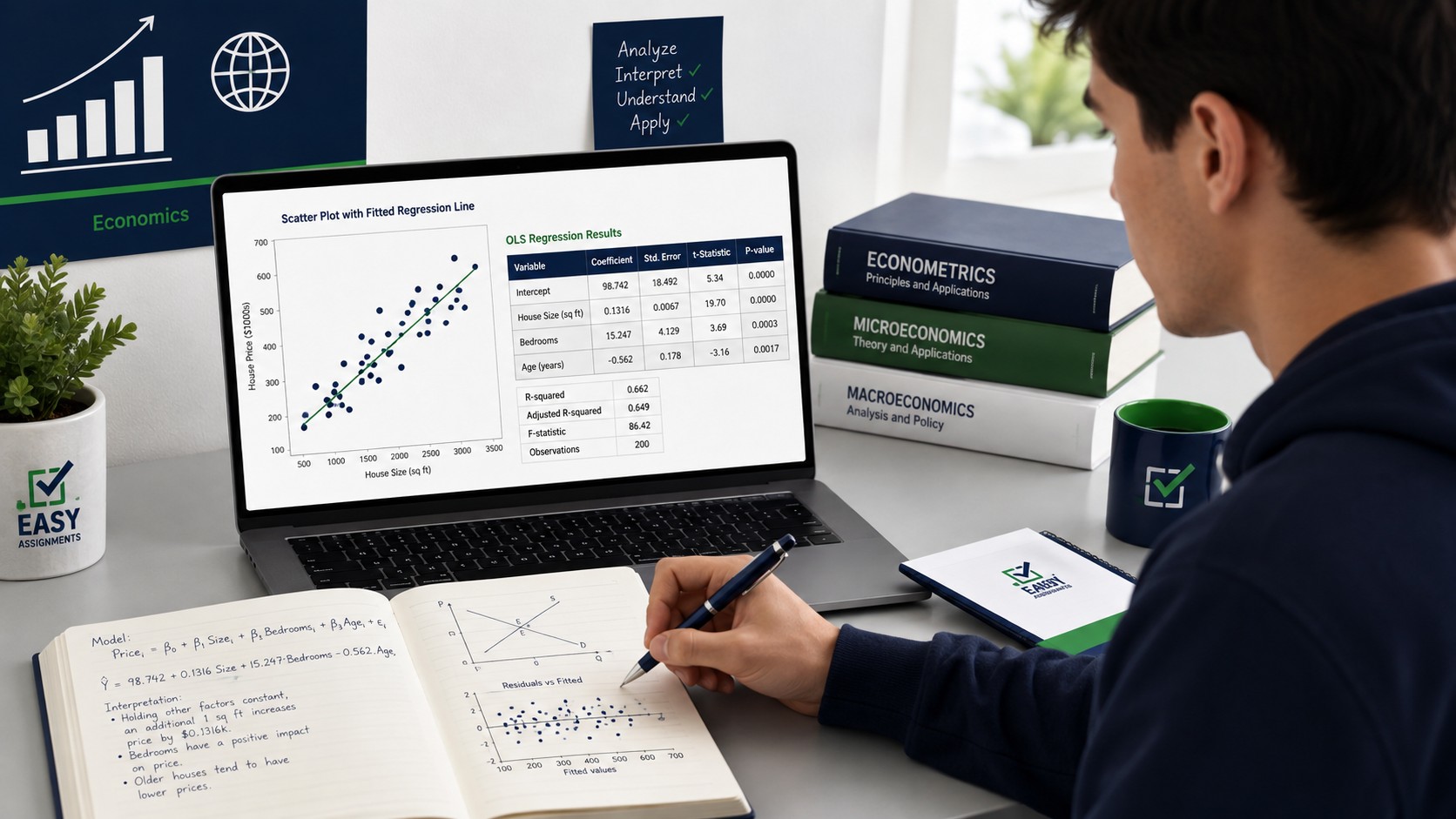 Student interpreting regression output and a scatter plot for an econometrics assignment