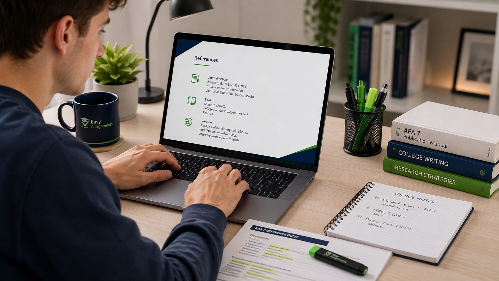 Student formatting an APA 7 reference list on a laptop with source notes