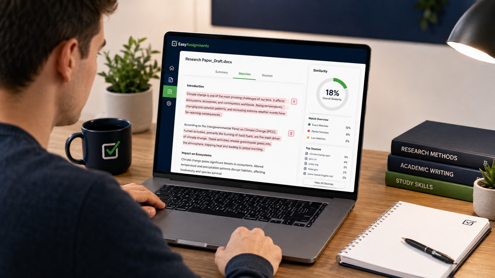 Student reviewing a plagiarism similarity report on a laptop before submitting an assignment