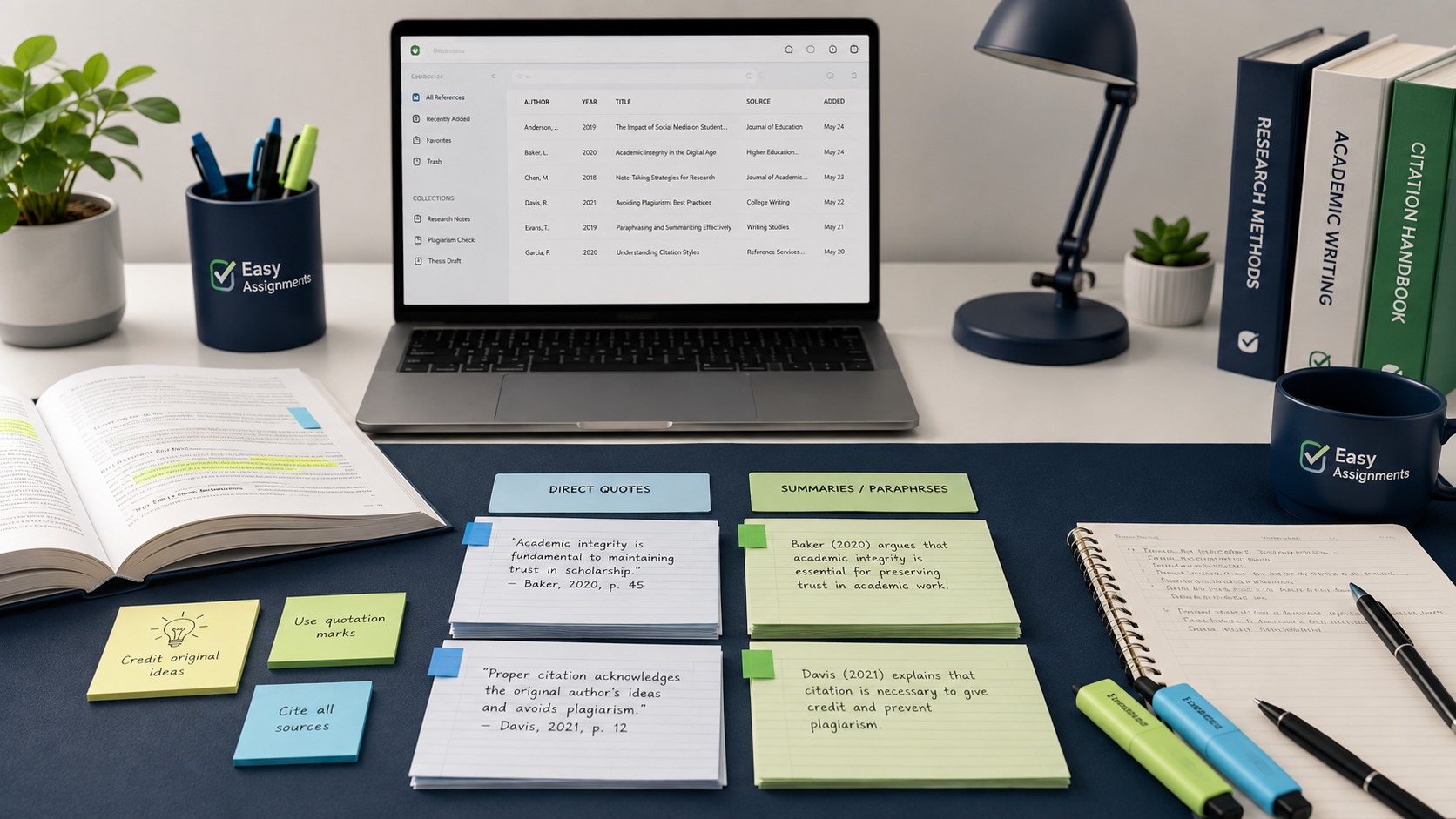 Organized research notes with clearly marked quotes and citations to prevent accidental plagiarism