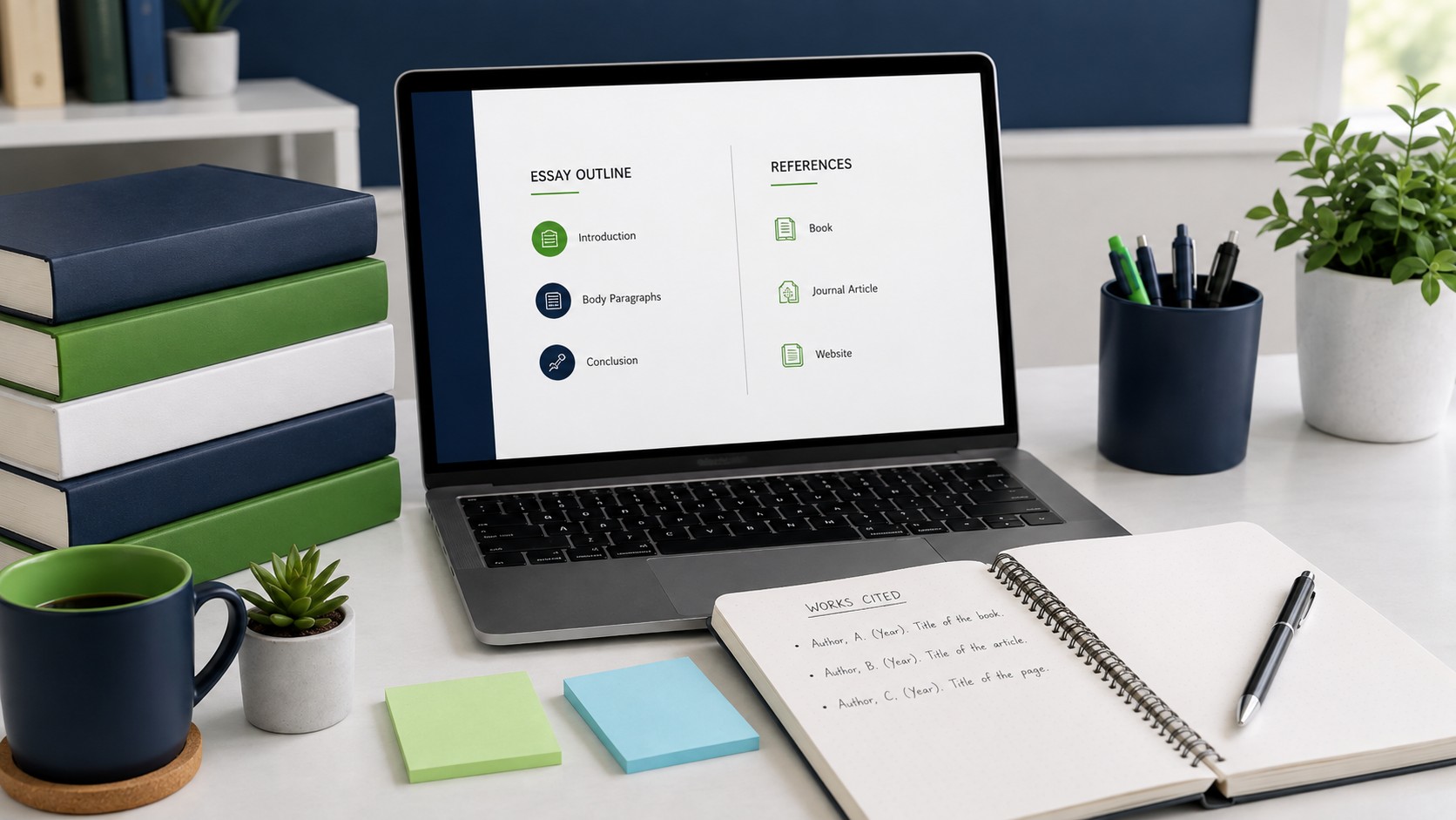 College student organizing academic sources and citations at a desk for an essay