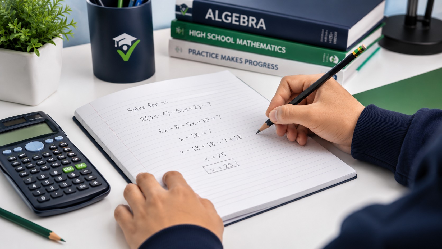 High school student solving an algebra equation step by step in a notebook with a calculator nearby