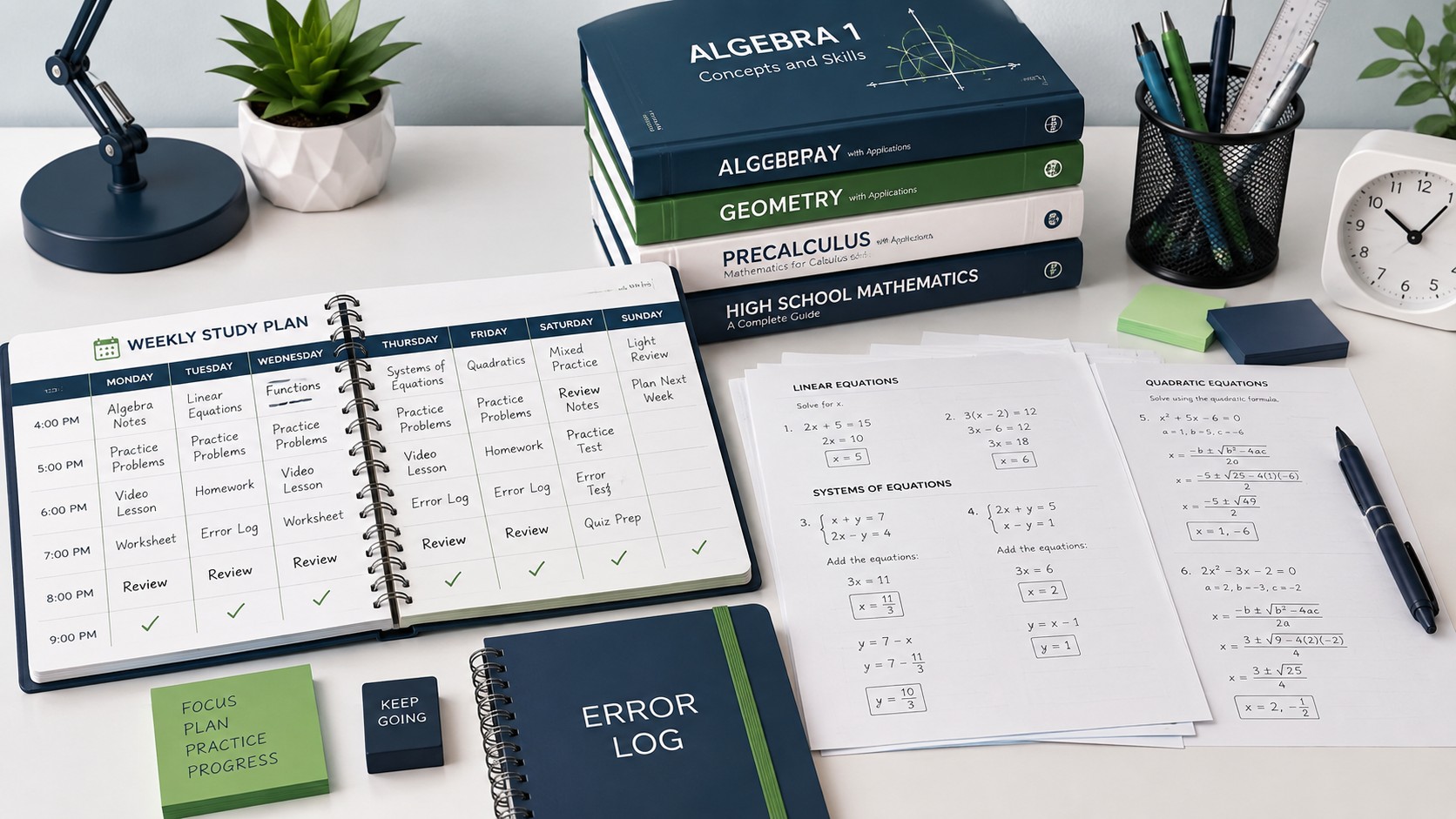 Organized algebra study routine with a planner, practice worksheets, and an error log on a clean desk