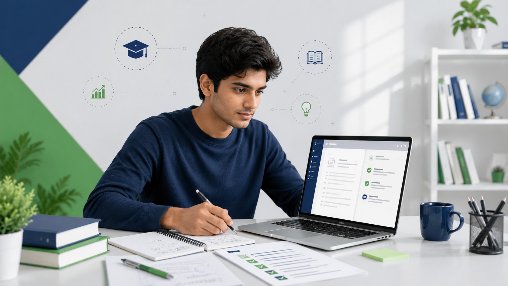 College student reviewing assignment feedback on a laptop with notes and a checklist