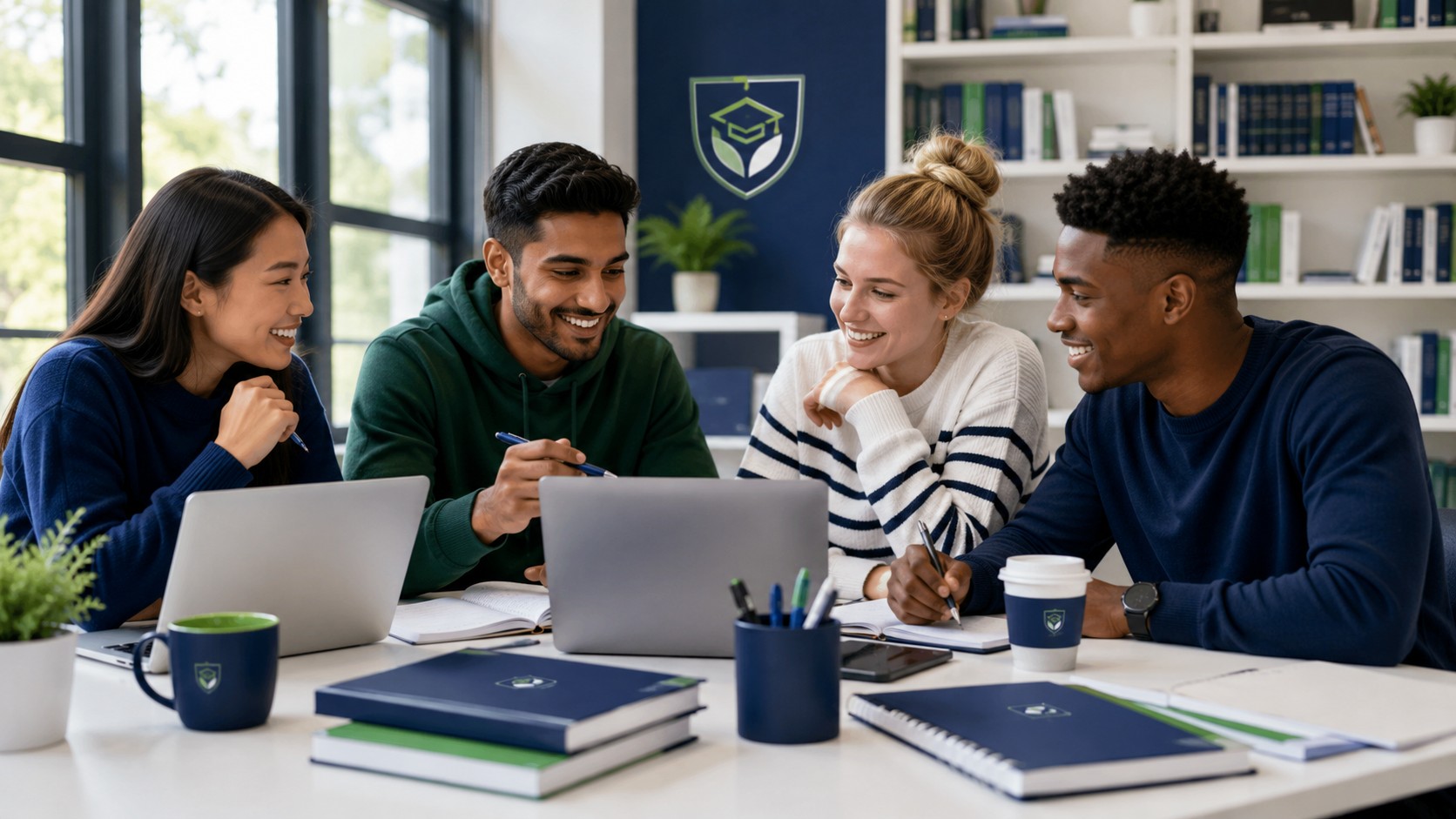 Group of college students studying together at a table with laptops and books in a bright library