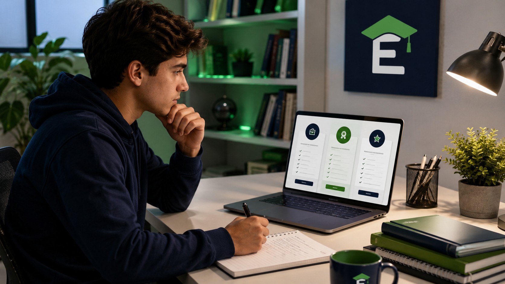 College student comparing affordable online assignment help options on a laptop at a study desk