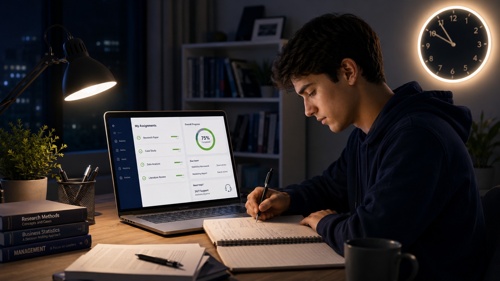 Student working late at night on an urgent assignment with a laptop and a clock showing a tight deadline