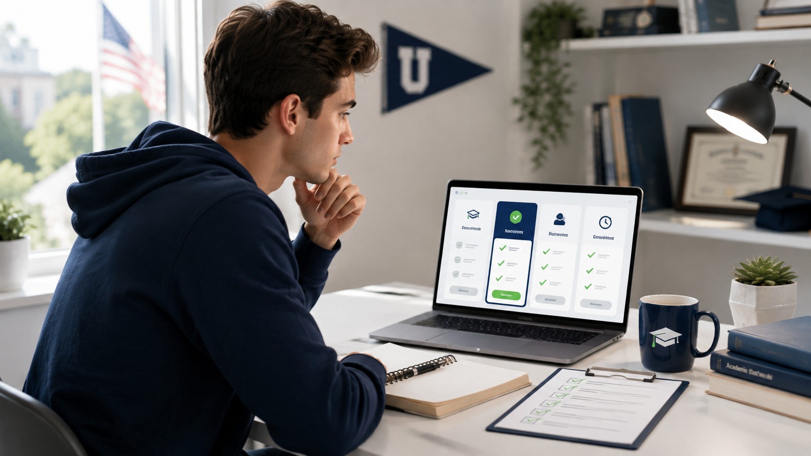 US university student comparing affordable assignment help options on a laptop at a study desk