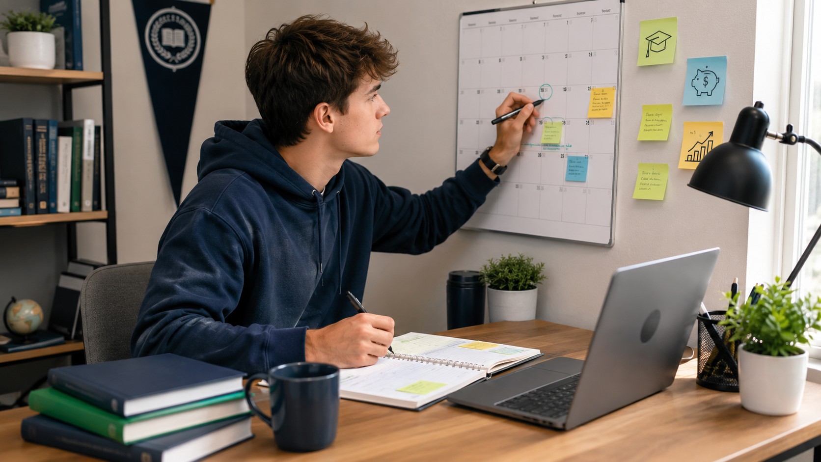 Student planning assignment deadlines on a calendar to save money on university assignment help