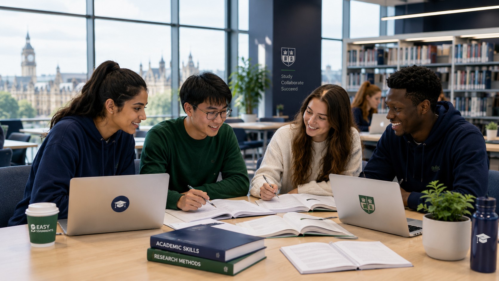 International students collaborating on UK university assignments in a campus study space