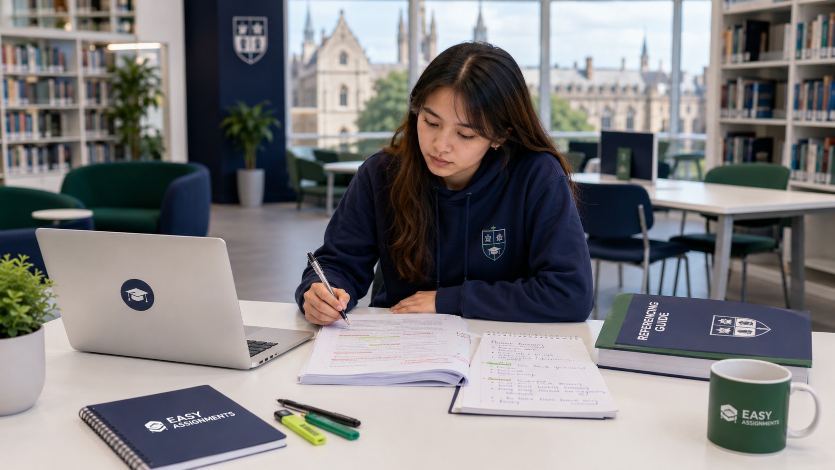 International student reviewing referencing and feedback on a UK university assignment