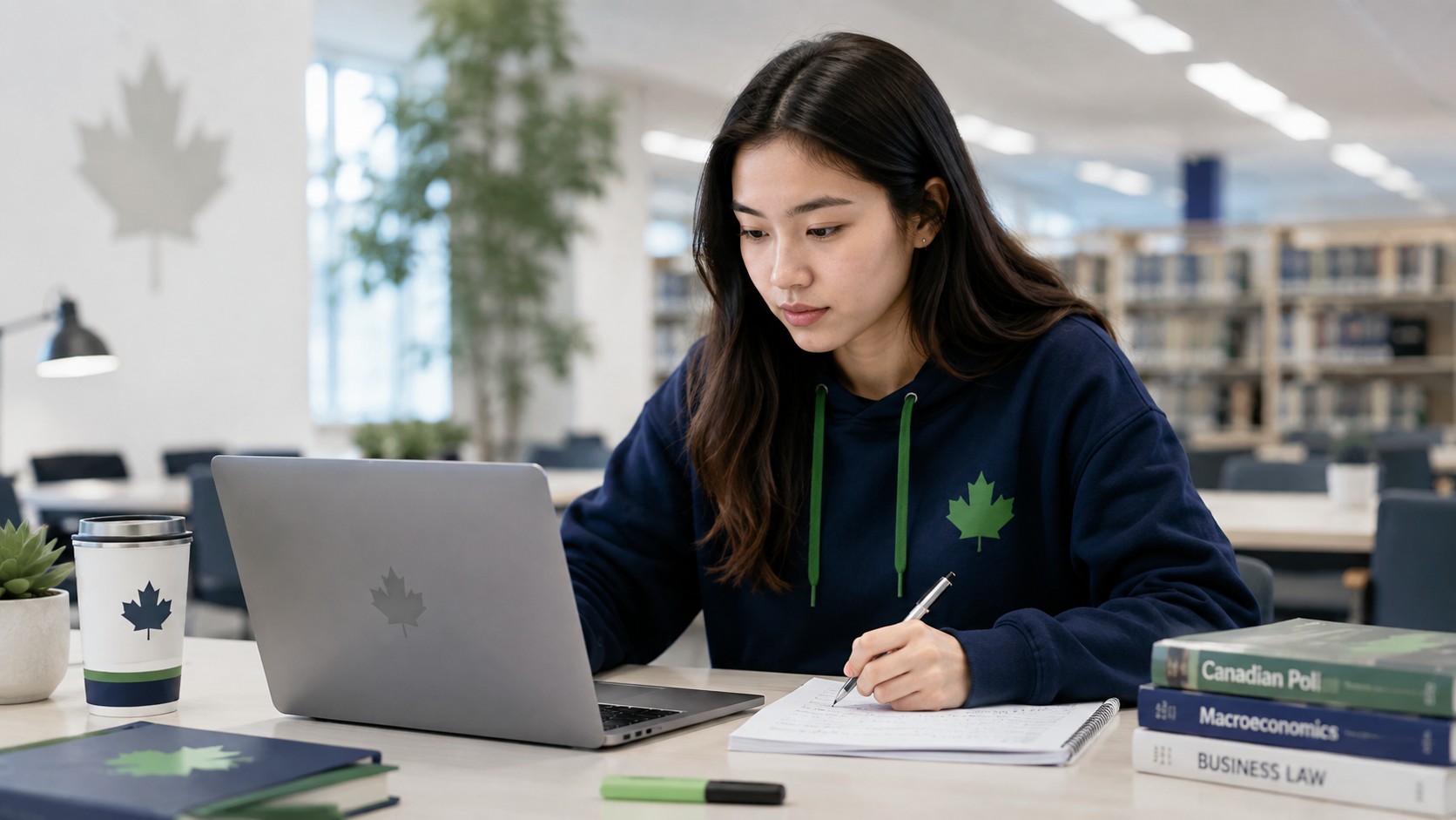 Canadian university student receiving online assignment help at a study desk with laptop and notes