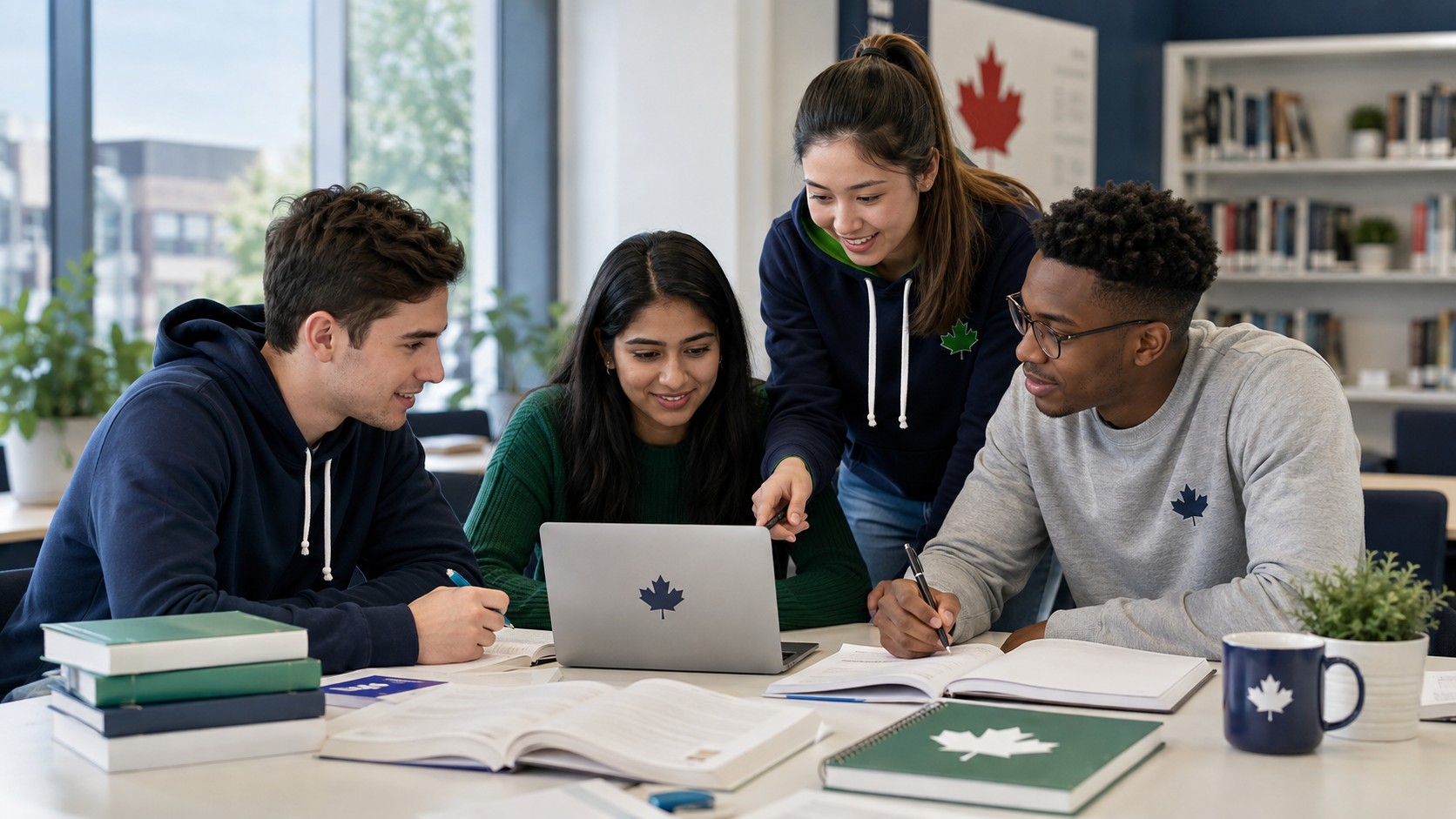 Canadian students comparing assignment help options and study resources together on campus