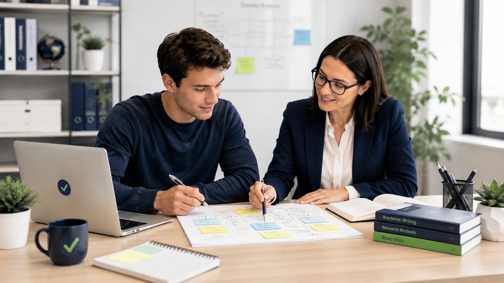 Australian university student planning an assignment with an expert tutor at a study desk