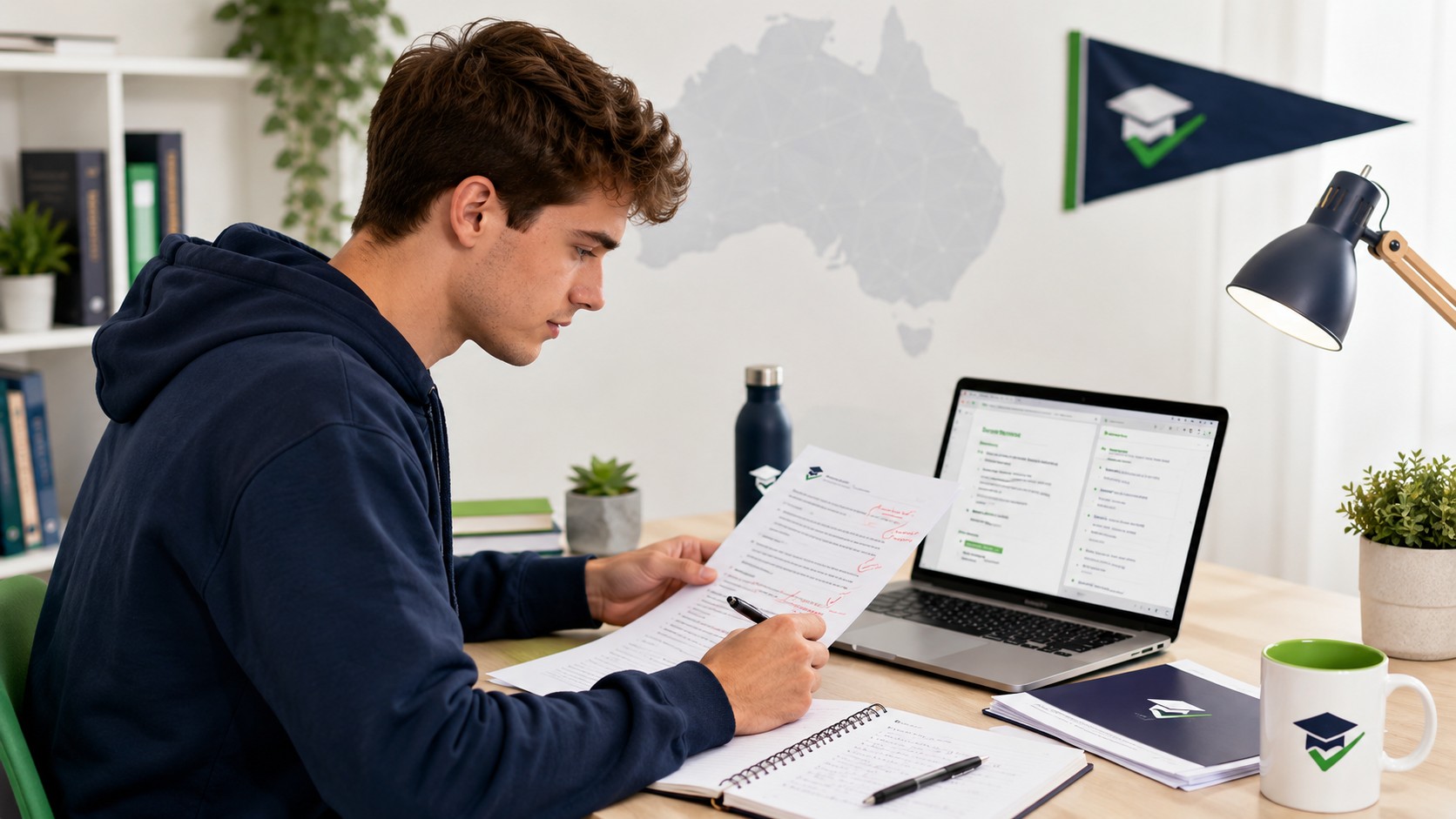 Student reviewing tutor feedback and referencing notes on a laptop for an Australian assignment