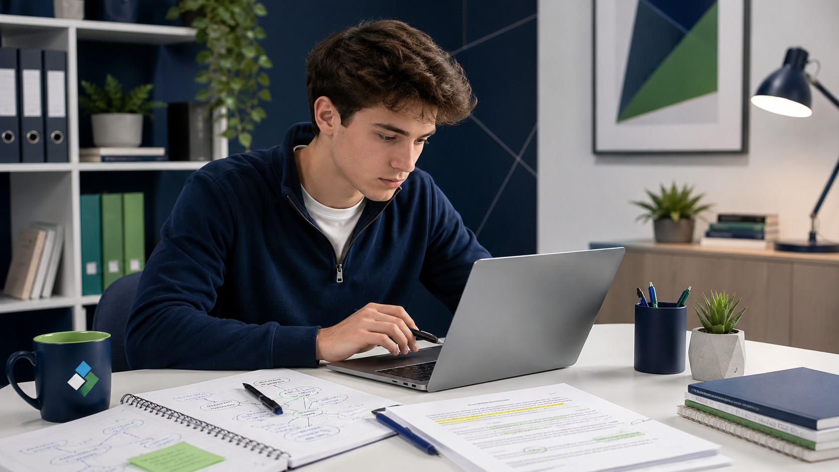 Student reviewing and editing an assignment introduction on a laptop with notes nearby