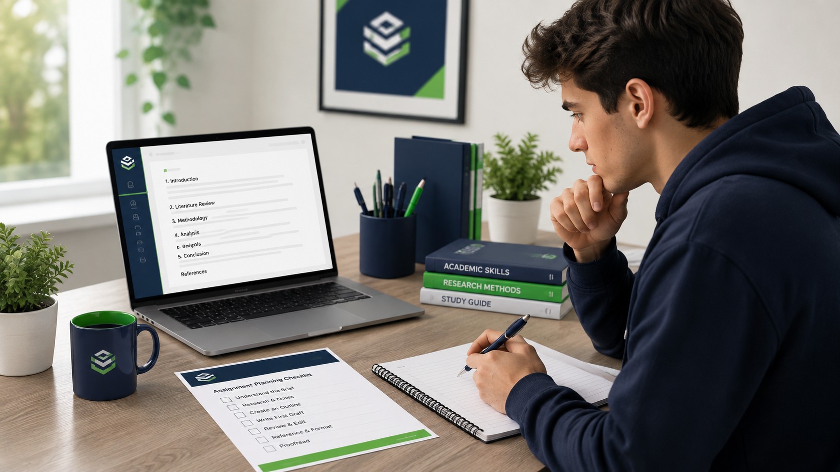 University student planning the structure of an assignment with a formatting checklist and outline on a laptop