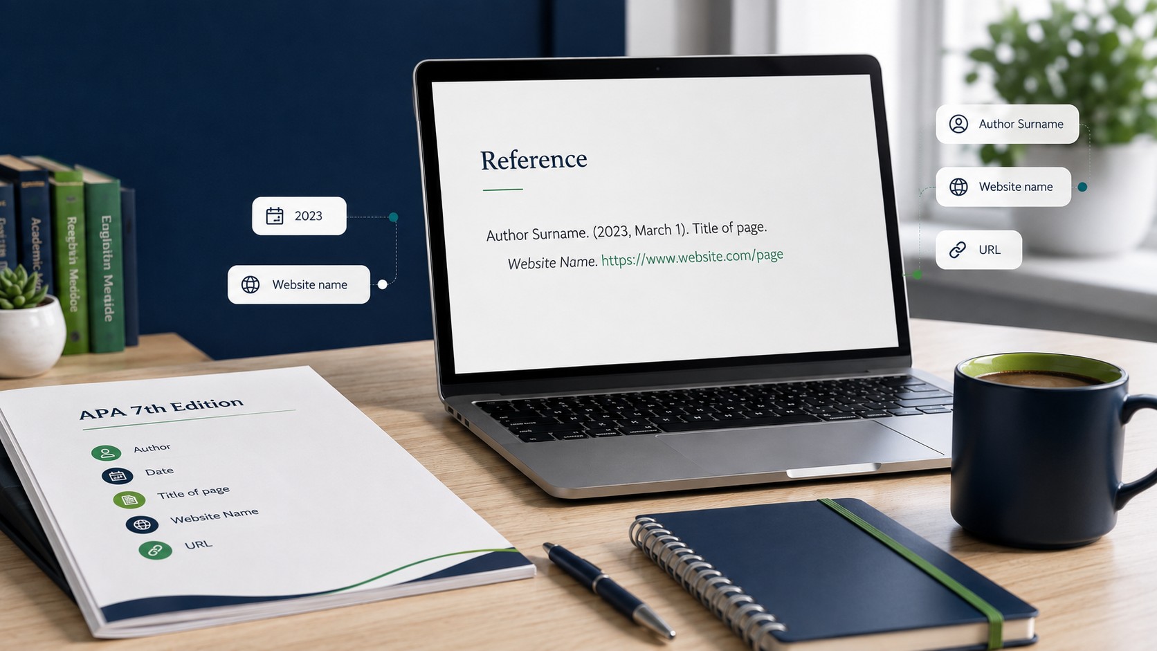 Breakdown of the four core elements of an APA 7 website reference: author, date, title and source