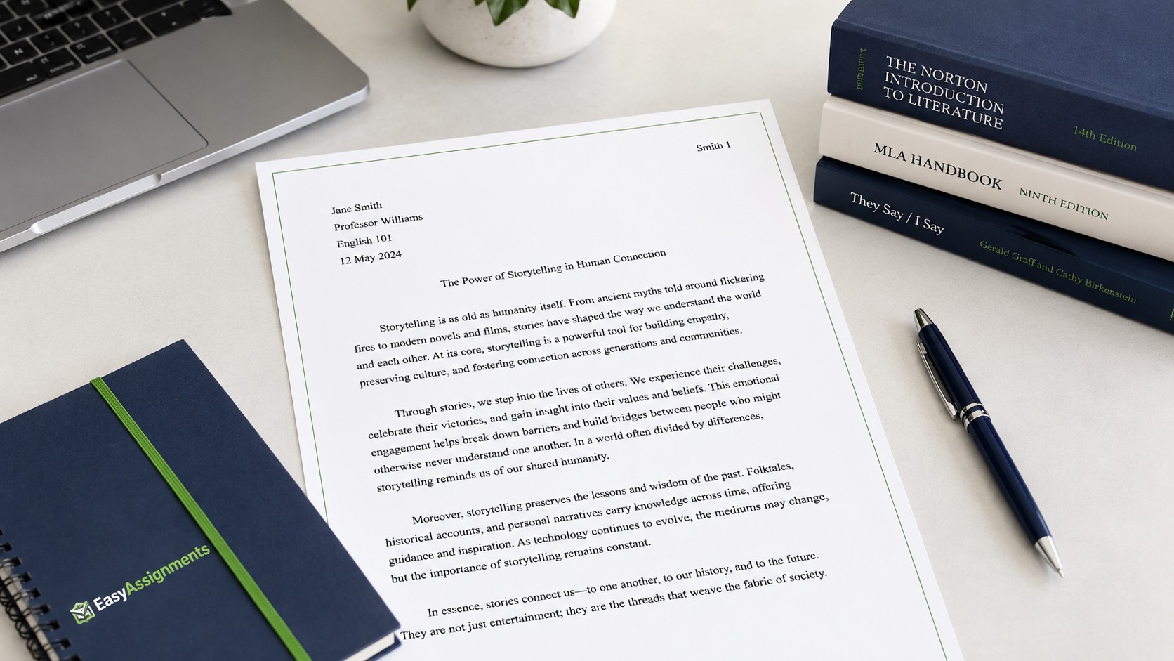 MLA essay format example showing the first-page heading, centered title, and double-spaced body for a college paper