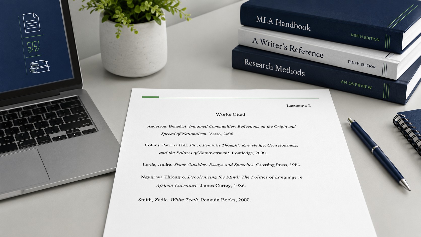 Example of an MLA Works Cited page with alphabetized entries and hanging indents for a college essay