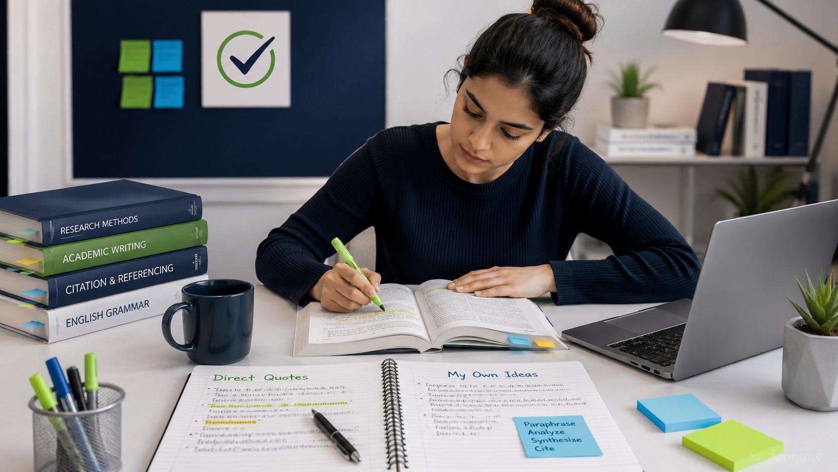 Student organizing research notes and highlighting sources for plagiarism free assignment writing