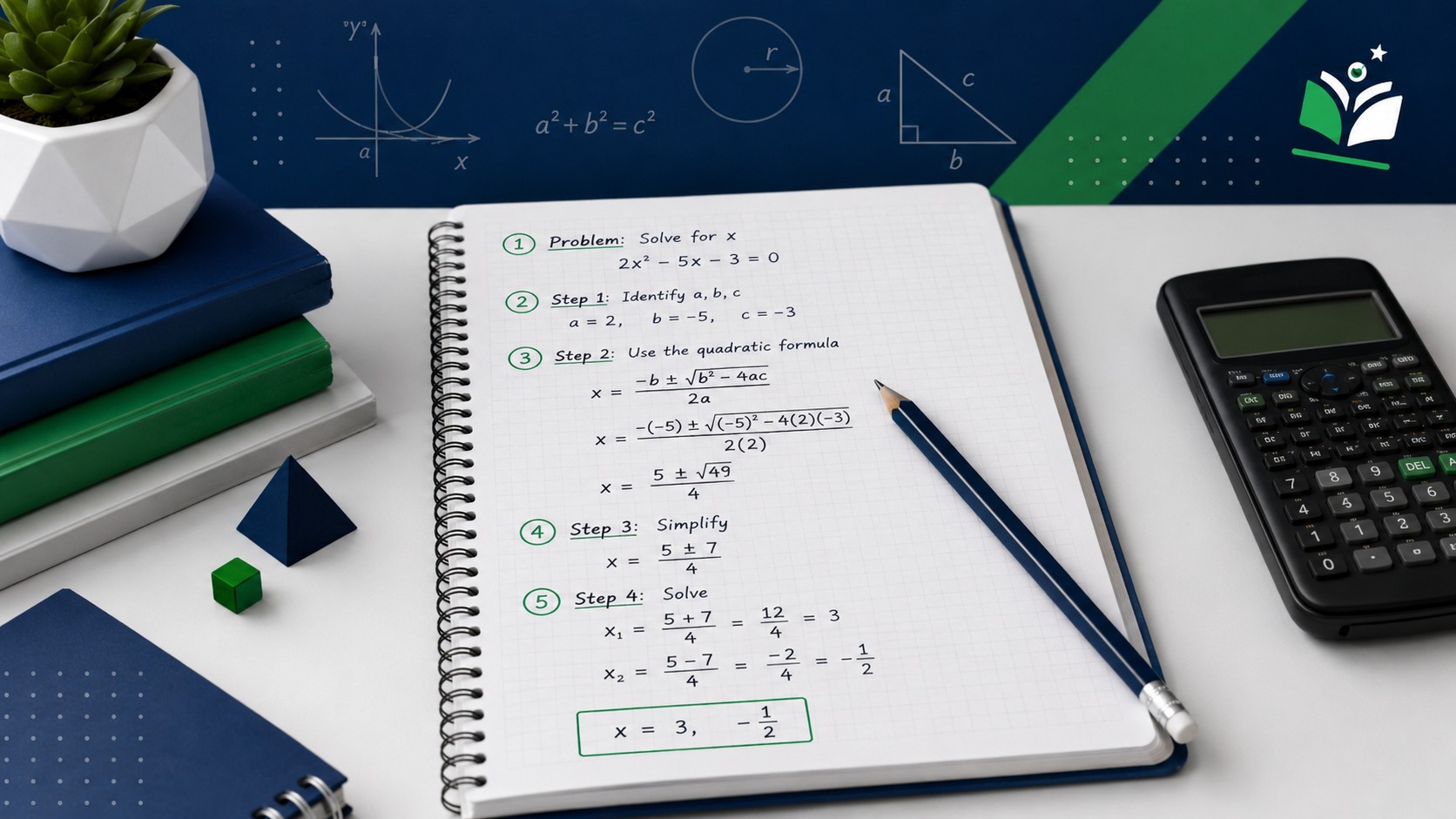 Notebook showing a math problem broken into numbered step by step solutions with a calculator