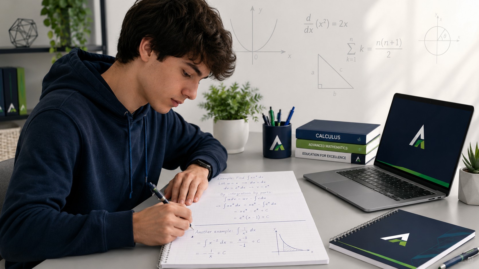 Student reviewing calculus step by step solutions on paper beside a laptop at a tidy study desk