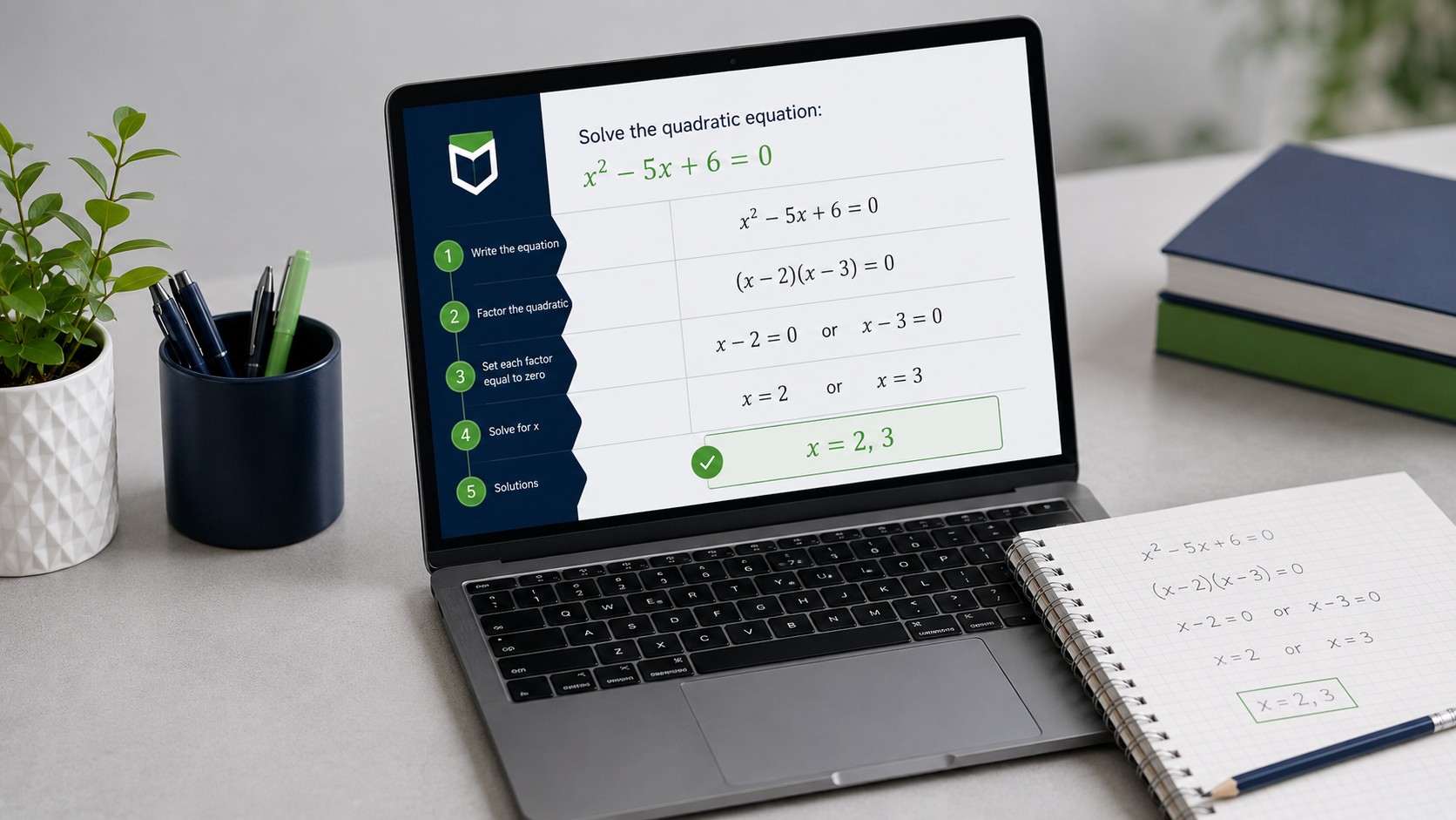 Student solving college algebra homework online with step-by-step worked solutions on a laptop