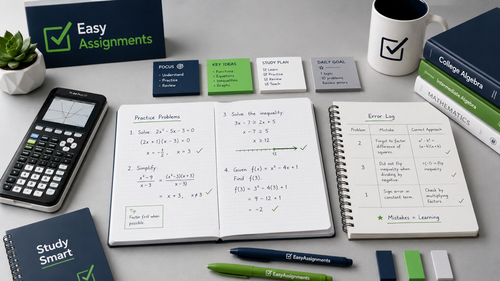 Organized algebra study setup with practice problems, error log notebook, and graphing calculator for college math