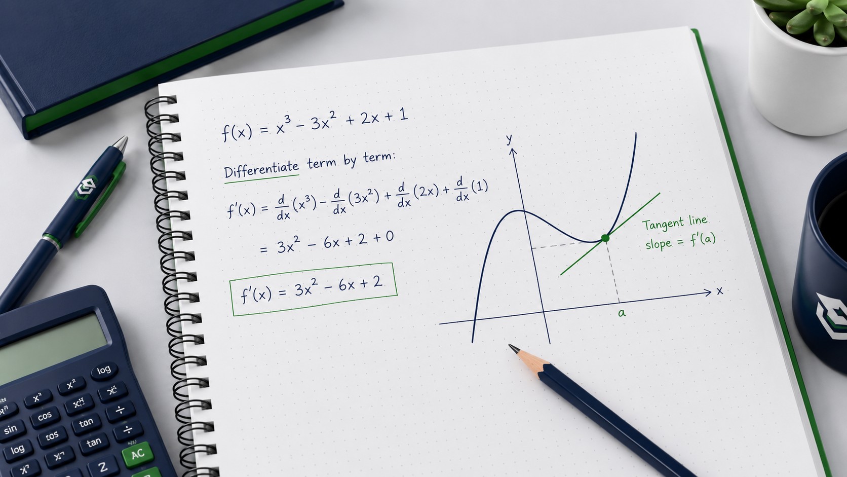 Step by step calculus solution showing a derivative worked out on a notebook with a tangent line graph