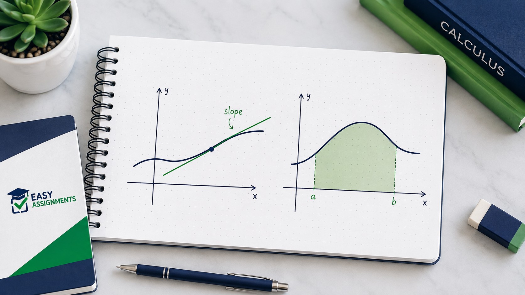 Student comparing differentiation and integration notes with graphs of a tangent line and area under a curve