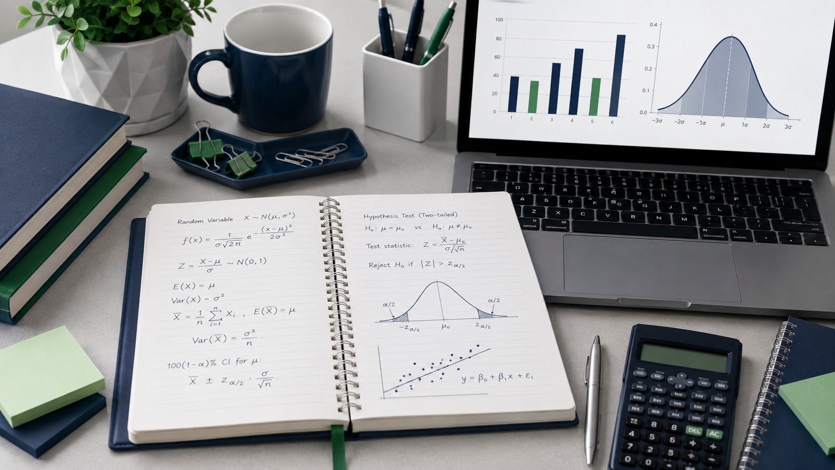 Student following a step by step statistics workflow with dataset, calculator, and distribution charts