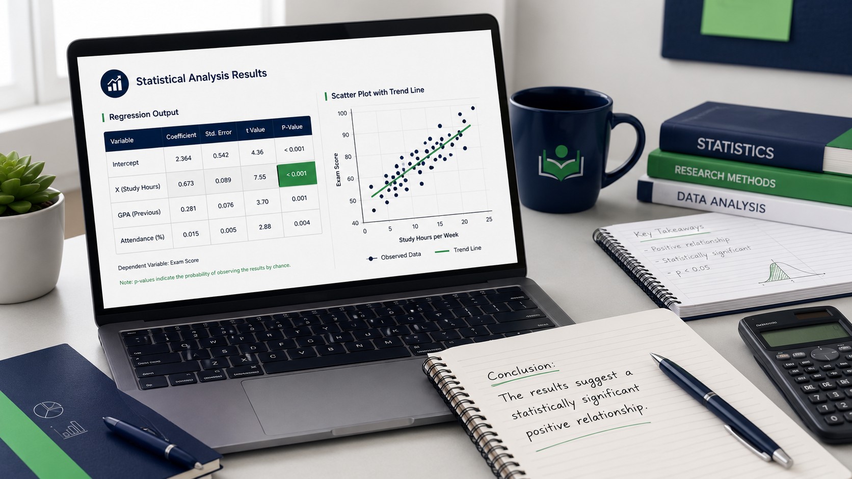 Statistical software output with p-value and results being interpreted into a plain language conclusion