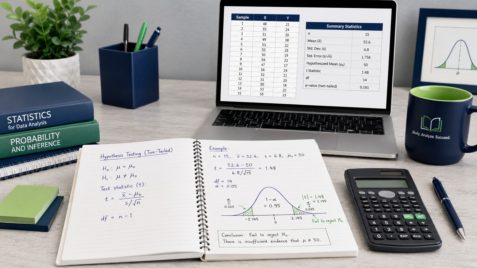 Student working through a solved hypothesis testing example with t-distribution and p-value calculations