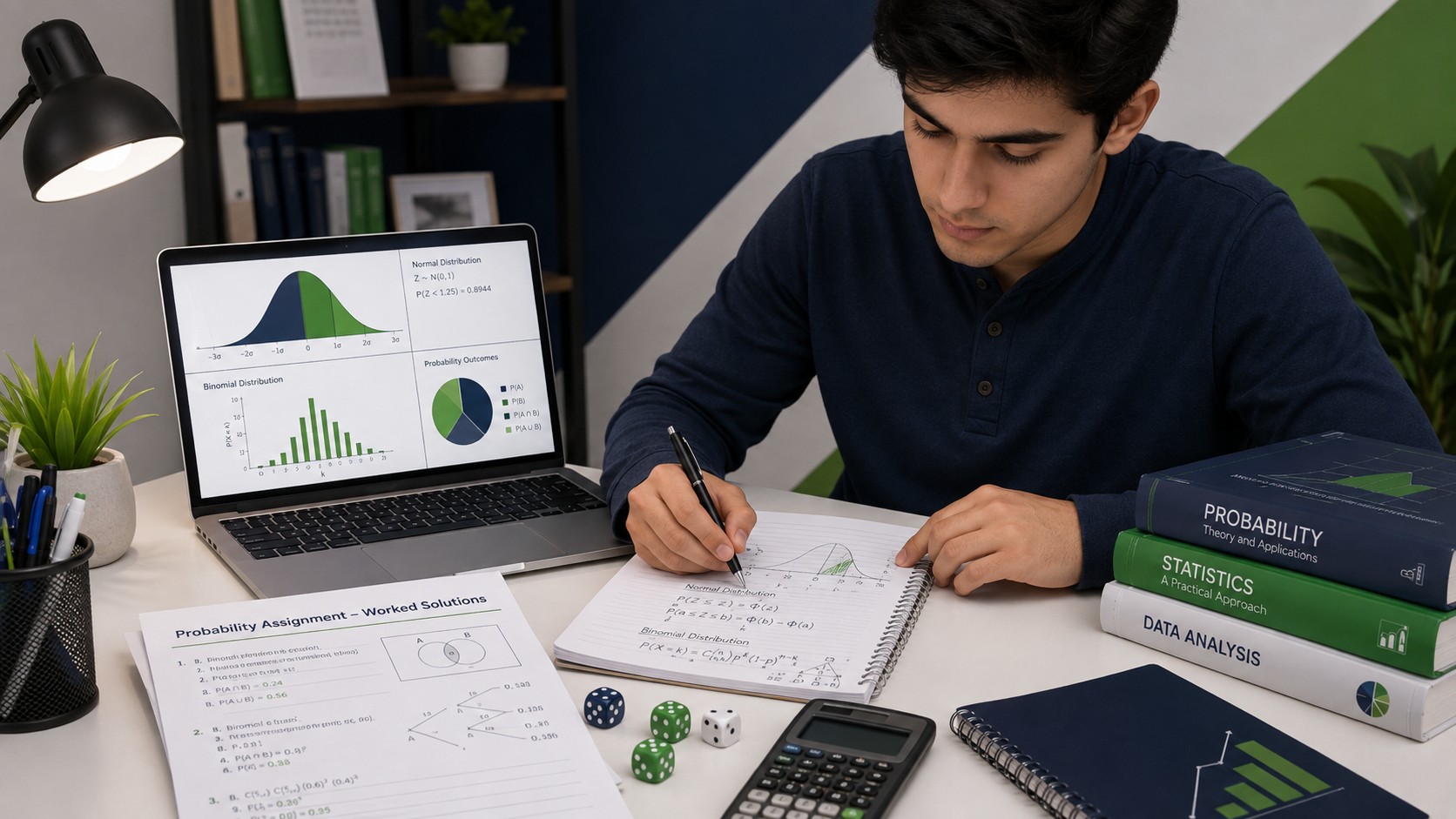 Student solving probability assignment problems with a worked answers PDF, calculator, and bell curve diagram