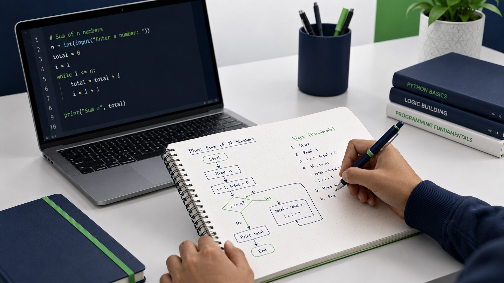 Beginner student planning Python assignment logic with pseudocode notes before writing code