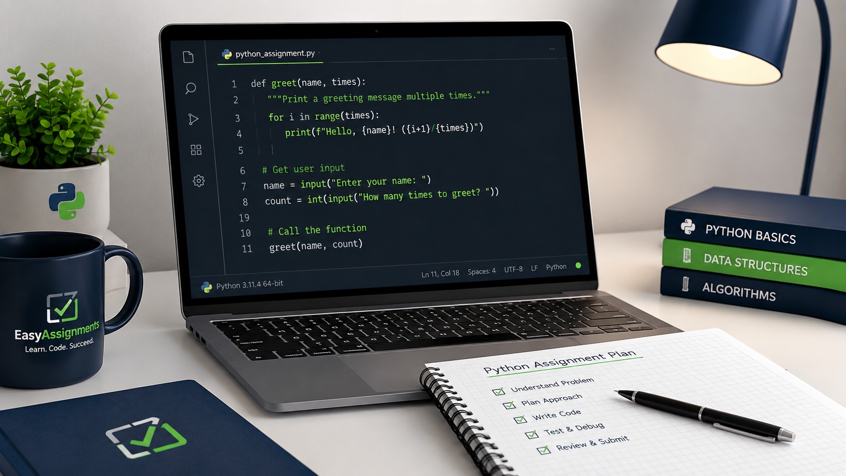 Python code on a laptop screen showing functions and loops with green syntax highlighting for a beginner assignment