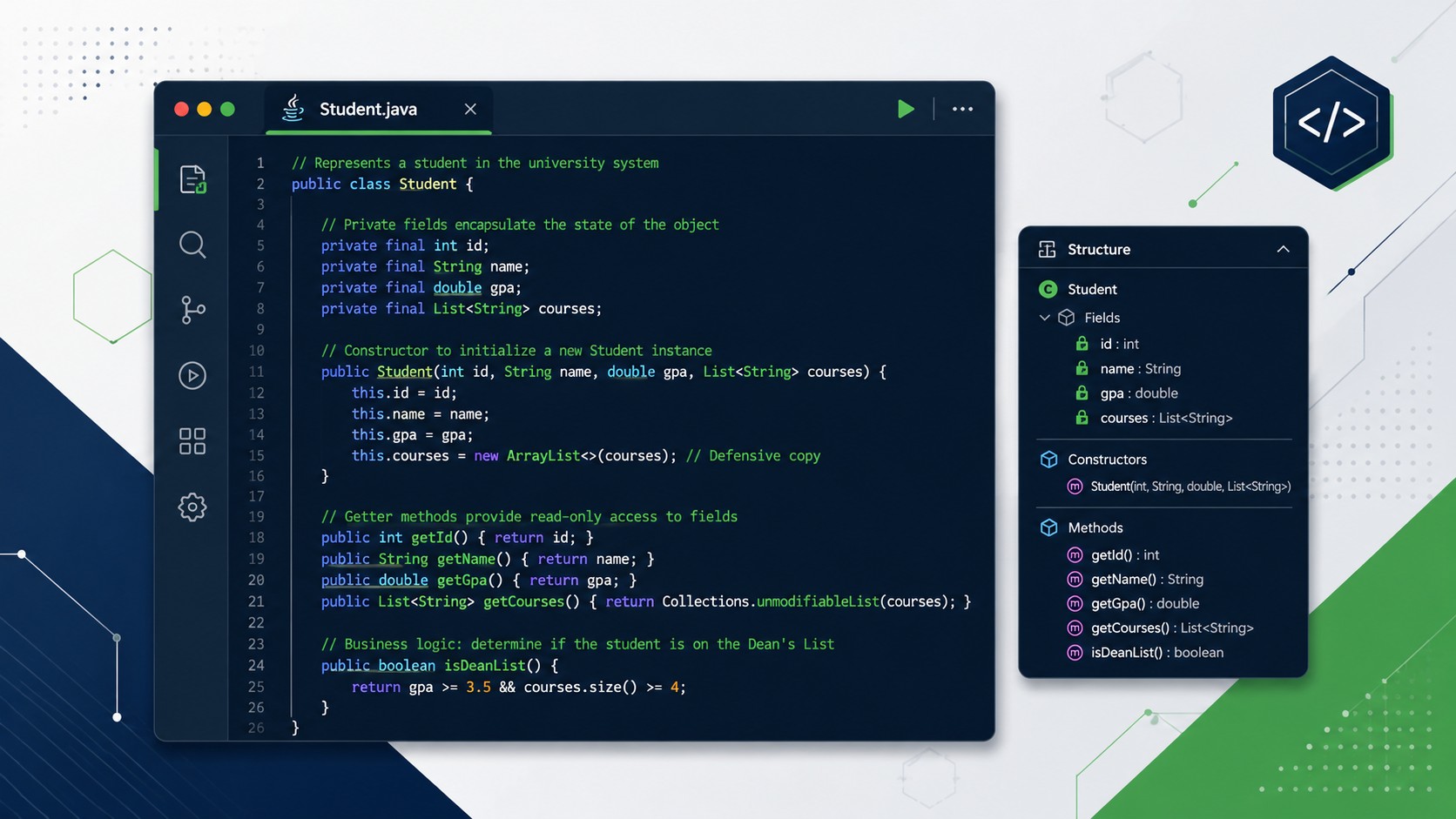 Clean, well commented Java source code displayed in a modern code editor for a programming assignment