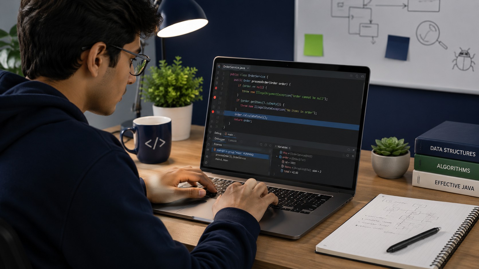 Student studying and debugging a Java program on a laptop to learn from the source code