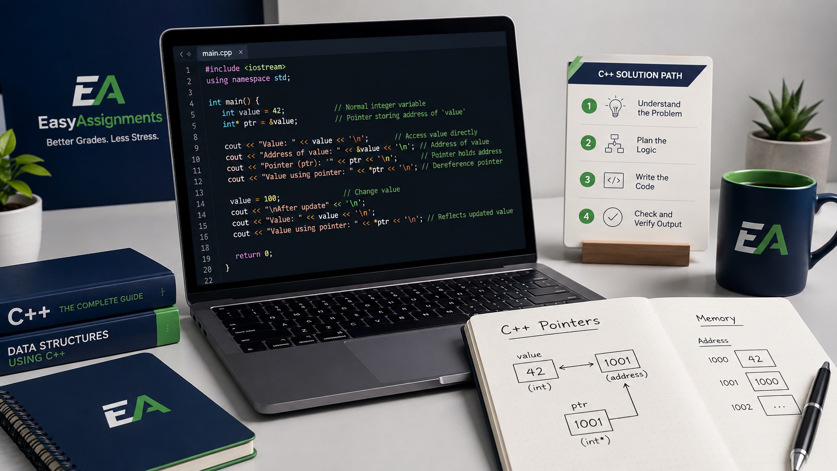 Student getting C++ homework help with step by step code explanation on a laptop