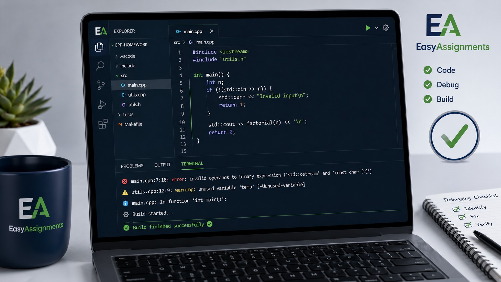 Debugging common C++ mistakes with clear commented code and compiler output